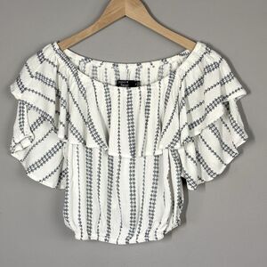 Paper Heart Top Womens M Ivory Blue Woven Stripe Ruffle Peasant Boho Festival